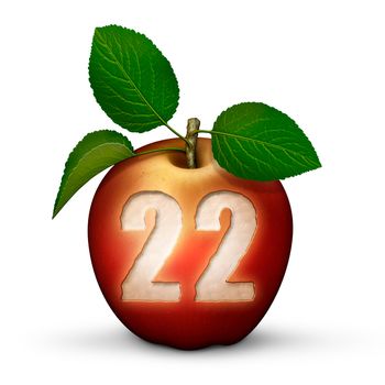 3D illustration of an apple with the number 22 bitten out of it.