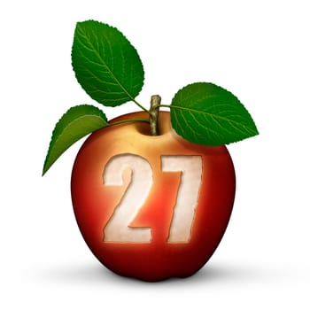 3D illustration of an apple with the number 27 bitten out of it.