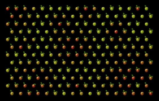 3D illustration of red and green apples arranged in a pattern against a black background.