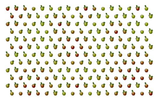 3D illustration of red and green apples arranged in a pattern against a white background.