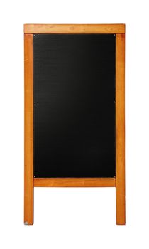 Close up of black standing blank clean chalkboard menu in brown wooden frame isolated on white background