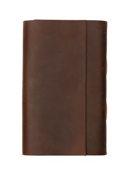 Close up of one vintage style jotter notebook with old leather cover isolated on white, elevated top view, directly above