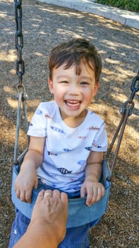 Adorable Chinese and Caucasian Young Boy Having Fun in the Swing.