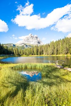 The famous UNESCO site, Tre Cime di Lavaredo in Italy, from the base of the mountains.