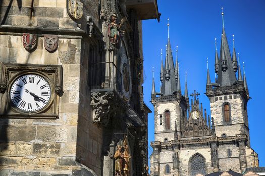 Famous Astronomical Clock Orloj and Church of our Lady Tyn in Prague, Czech Republic