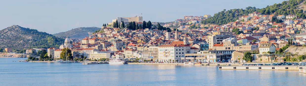 Large panorama of Unesco heritage historic town of Sibenik on Adriatic sea, Dalmatia, Croatia