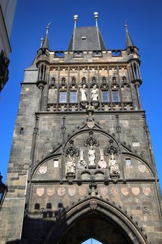 View of the Old Town Bridge Tower (Stare Mesto Tower) from the Charles Bridge (Karluv Most) in Prague, Czech Republic