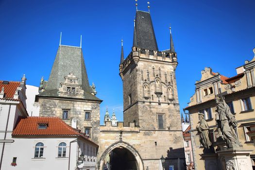 View of the Lesser Bridge Tower from the Charles Bridge (Karluv Most) in Prague, Czech Republic