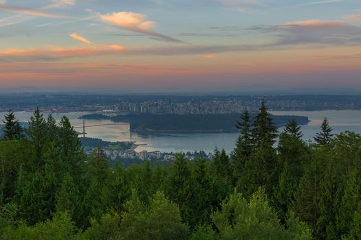 Sunrise over the city of Vancouver British Columbia and Stanley Park in Canada