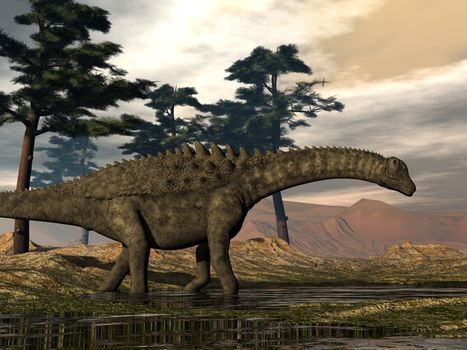 Ampelosaurus dinosaur walking among pine trees - 3D render