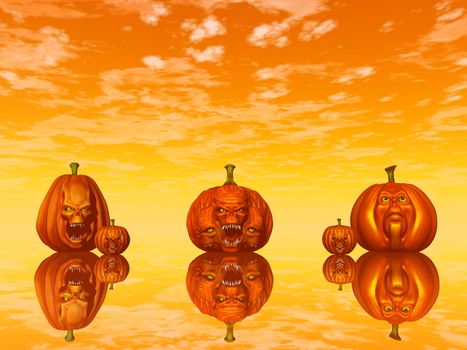 Halloween pumpkin faces by orange sunset - 3D render