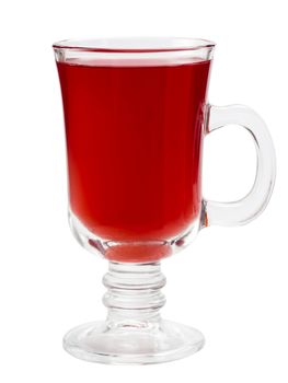 Mulled wine glass isolated on white. Hot red tea or other red drink in glass cup. Isolated on white with clipping path.