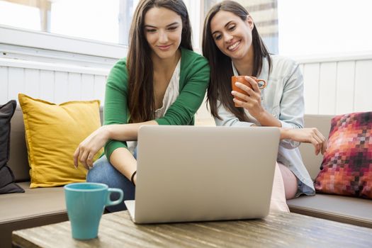 Female friends at the local coffee shop drinking coffee and working