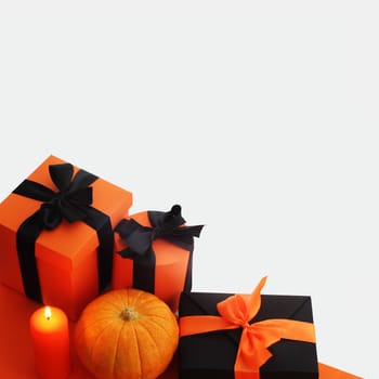 Halloween pumpkin and gifts isolated on white background, corner composition with copy space
