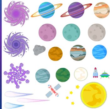 Isolated vector illustration of space. Planets, asteroids