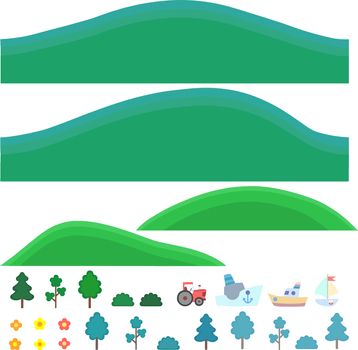 vector art. Isolated illustration for games on a white background. Hills with trees and shrubs.
