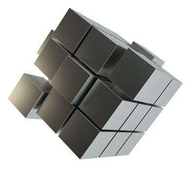 Abstract 3d illustration of cube assembling from blocks. Isolated on white. Template for your design