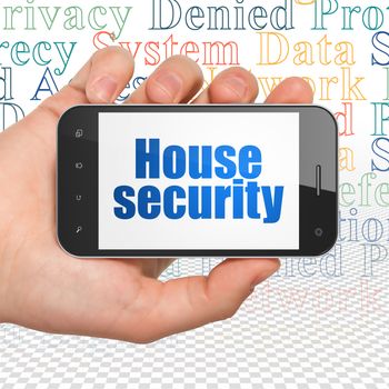 Privacy concept: Hand Holding Smartphone with  blue text House Security on display,  Tag Cloud background, 3D rendering