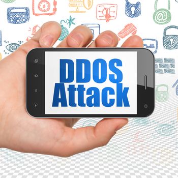 Privacy concept: Hand Holding Smartphone with  blue text DDOS Attack on display,  Hand Drawn Security Icons background, 3D rendering