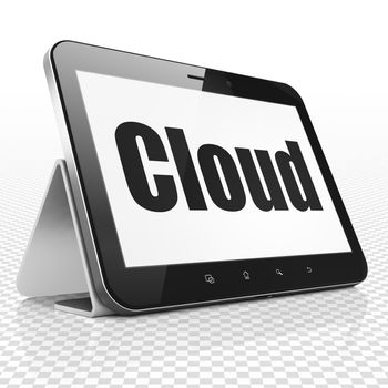 Cloud computing concept: Tablet Computer with black text Cloud on display, 3D rendering