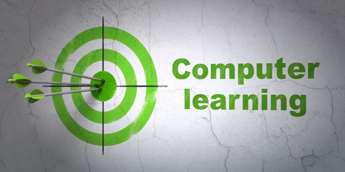 Success Studying concept: arrows hitting the center of target, Green Computer Learning on wall background, 3D rendering