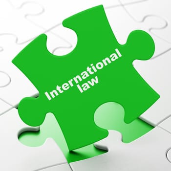 Political concept: International Law on Green puzzle pieces background, 3D rendering