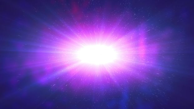 Dazzling 3d illustration of a plazma looking open space. It has a white center with pink contour and thousands of particles flying away in the dark blue background