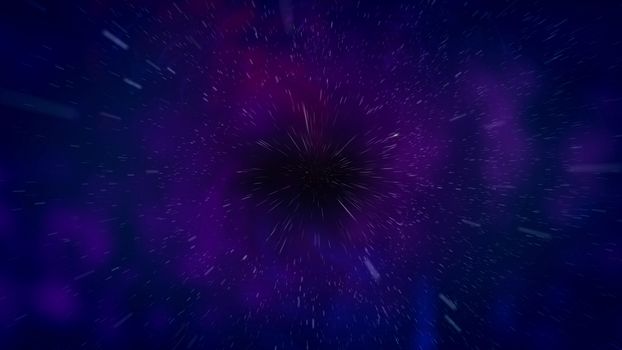 Impressive 3d rendering of a space black hole. It has a black center with hundreds of sparling particles rushing away in the dark blue background