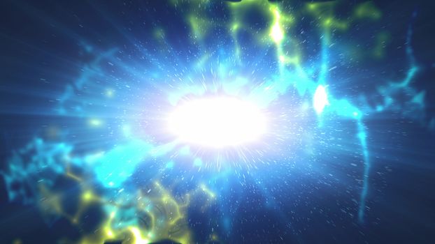 Futuristic 3d rendering of an outer space plazma looking big bang. It is sparkling white in the center, with yellow protunerances and nebulas covering its contours in the blue background