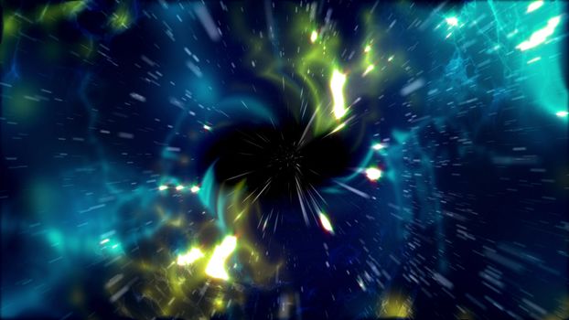 Sci-fi 3d illustration of an outer space black tunnel with spiral plazma looking whirls. It is black in the center, with white, yellow and green flashes in the dark blue background
