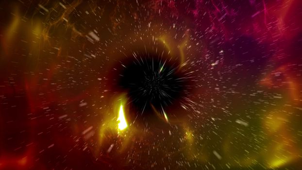 Original 3d rendering of an outer space black hole with spiral plazma looking curvy energy forms. It is black in the center, with white, yellow and orange blazes in the black background
