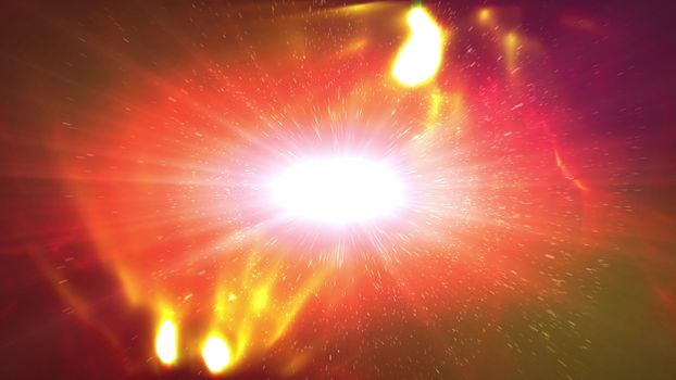 Abstract 3d illustraton of an outer cosmos whita plazma looking star with spiral protuberances around. It is white in the center, with white, yellow and red flashes in the dark red background