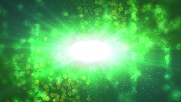 Illuminator looking 3d rendering of an outer cosmos with numerous sparkling dots around white center. The spots fly away from the center in the dark green background