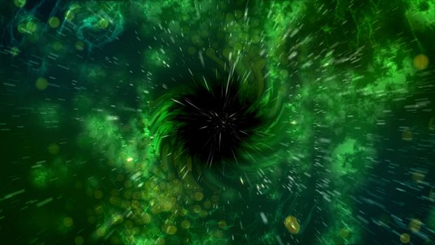 Striking 3d rendering of a spiral looking universe black hole. It has a black center with hundreds of glowing particles rushing away in the dark green and black background