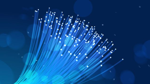 Fantasy 3d rendering of a bunch of light blue optical fiber tubes stretching in some futuristic cyberspace. They end with sparkling white dots.