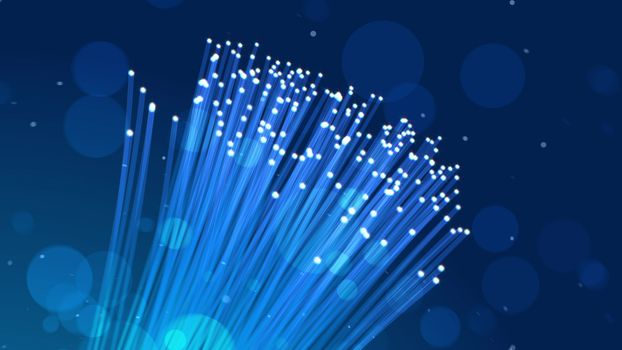 Dreamlike 3d illustration of a cluster of light blue optical fiber tubes advancing in some ultramodern cyberspace. They end with shimmering white spots.
