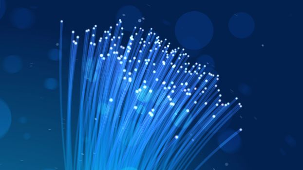 Futuristic 3d rendering of a group of light blue transparent optical fiber pipes moving in some dotty and blue cyberspace. They finish with beaming white spots.