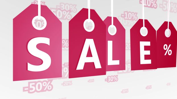 Merry 3d illustration of several red sales tags hanging in the white background with 30, 40, and 50 percent discounts. It is connected with Christmas. 