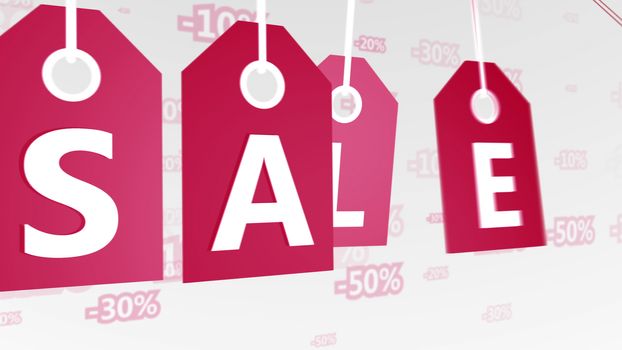 Cheery 3drendering of four retro red sales tags swinging in the white background with 20, 50, 100 percent discounts. It is linked with Christmas. 