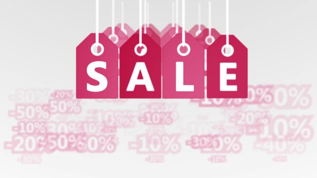 Abstract 3d illustration of three rows of vintage red sales tags placed in lines in the white background with 10, 20, 30, 60, discounts. It is linked with New Year. 