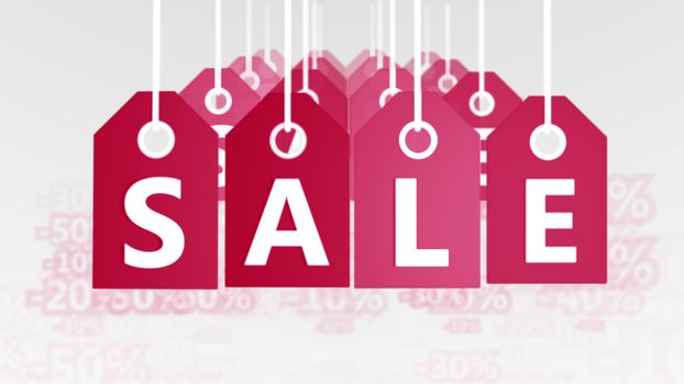 Artistic 3d illustration of four rows of retro red sales tags put in lines in the white background with 10, 20, 30, 50, discounts. They look festive, they are used at Christas. 