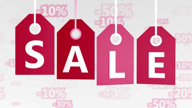 3d rendering of four retro sales tags placed diagonally of red, pink, and puple, colors in the white background with 10, 20, 30, 50, discounts. They look gorgeous, they are connected with Christas. 