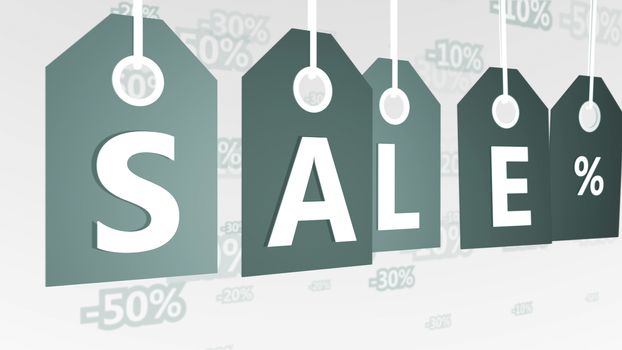 3d rendering of five grey sales tags placed askew in the white background with letters S, A, L, E, and sign per cent, as well as 20, 30, and 50 percent discounts. They symbolize modern business. 