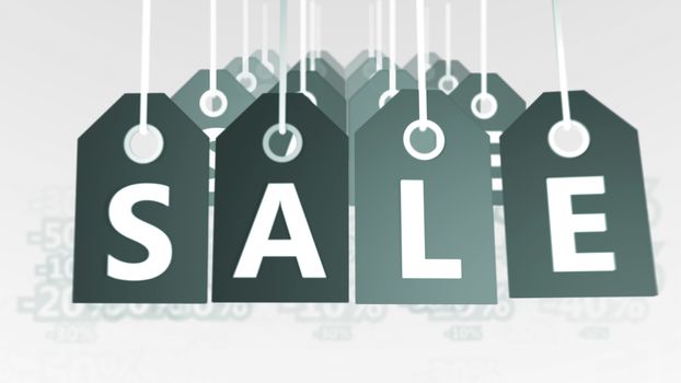 Striking 3d illustration of sixteen grey sales tags located in four rows in the white background with letters S, A, L, E, and a number of digital discounts. They designate modern trade. 
