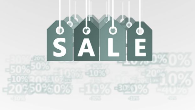 Multilayered 3d rendering of twelve grey sales tags placed in three lines in the white background with letters S, A, L, E, and 20, 30, 40, and 50 percent discounts. They denote modern commerce. 
