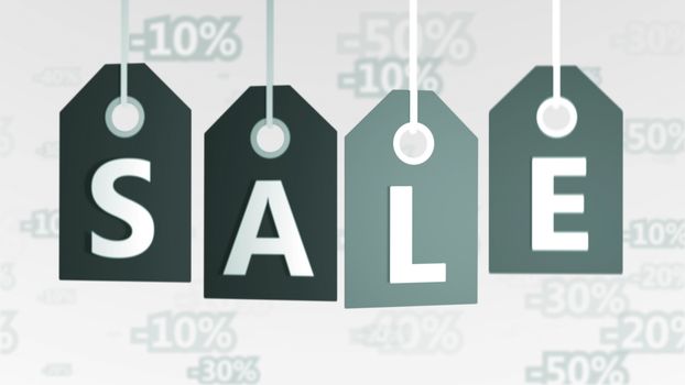 Salient 3d rendering of four grey sales tags of different tints placed in a line in the white background with letters S, A, L, E, and a number of digital discounts. They designate buy and sell world. 