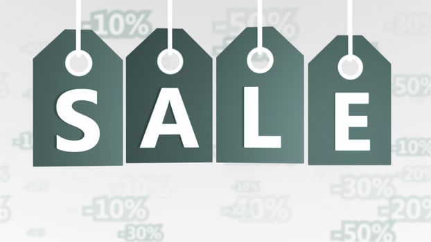 Arty 3d illustration of four grey sales tags of various shadows placed in a line in an evenly in the white background with letters S, A, L, E, and several numeric discounts. They mean business. 