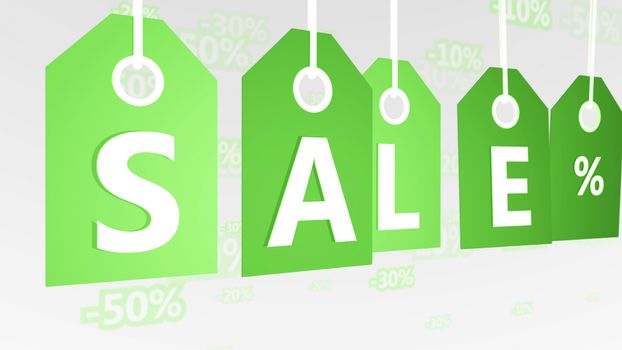 Original 3d rendering of five light green sales tags of various tints put diagonally in the white background with letters S, A, L, E, and per cent sign. They mean commerce world. 