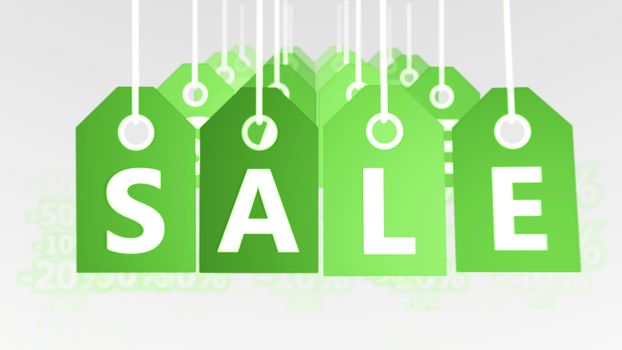 Holographic 3d illustration of sixteen lime green sales tags of light shadows put in four rows in the white background with letters S, A, L, E. They mean the powerful world of business. 
