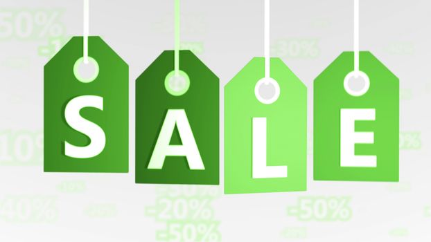 Exciting 3d rendering of four lime green sales tags of different shadows put aslant in the white background with letters S, A, L, E. They mean the buy and sell world. 